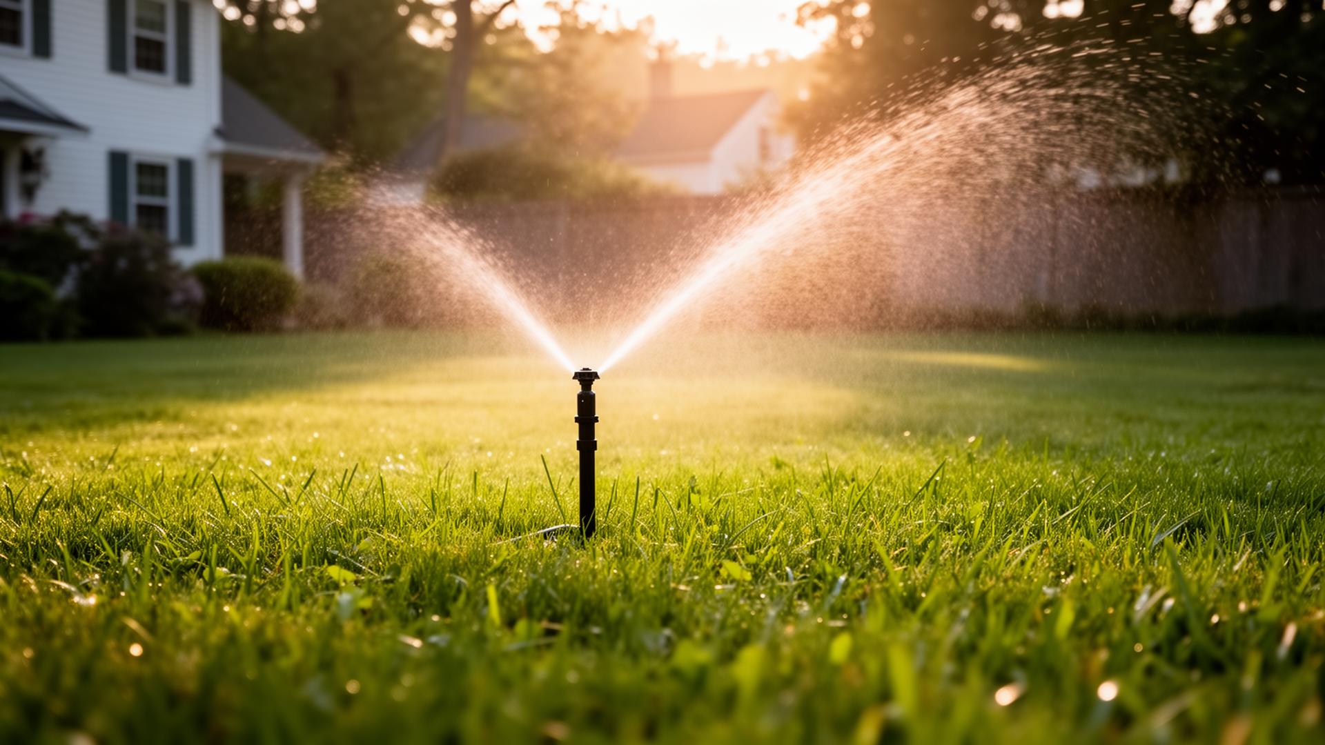 Sprinkler watering a green New England lawn at golden hour
